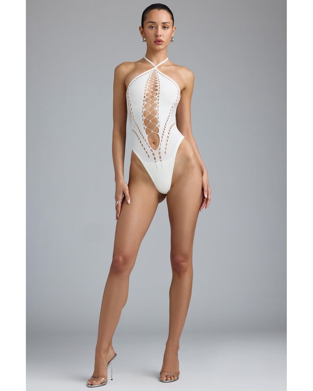 Oh Polly White Lace-Up Halterneck Bodysuit