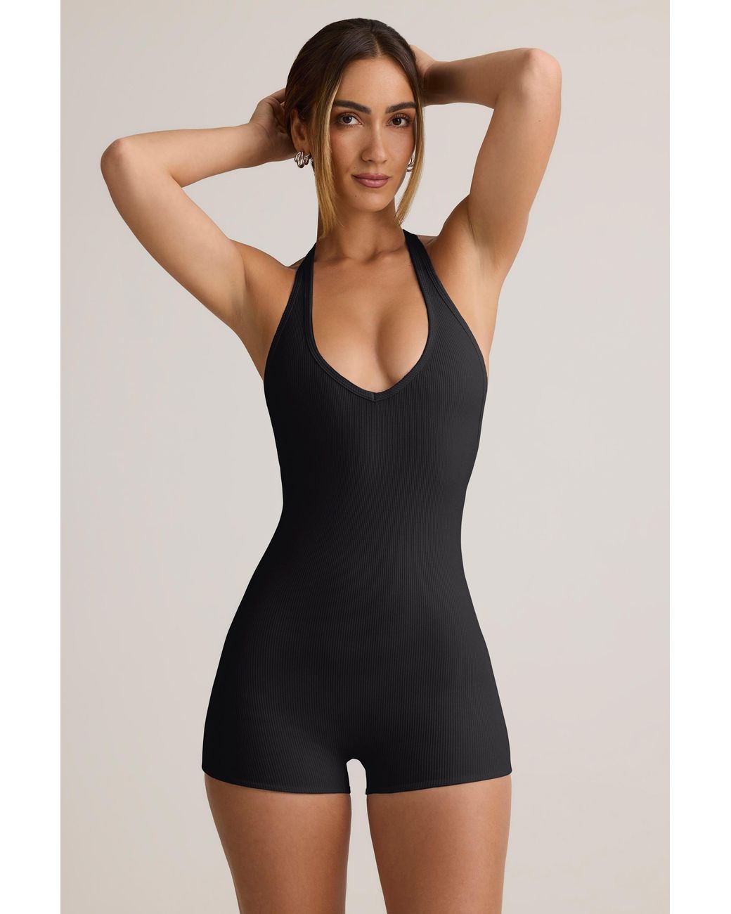 Oh Polly Black Modal Ribbed Backless Playsuit