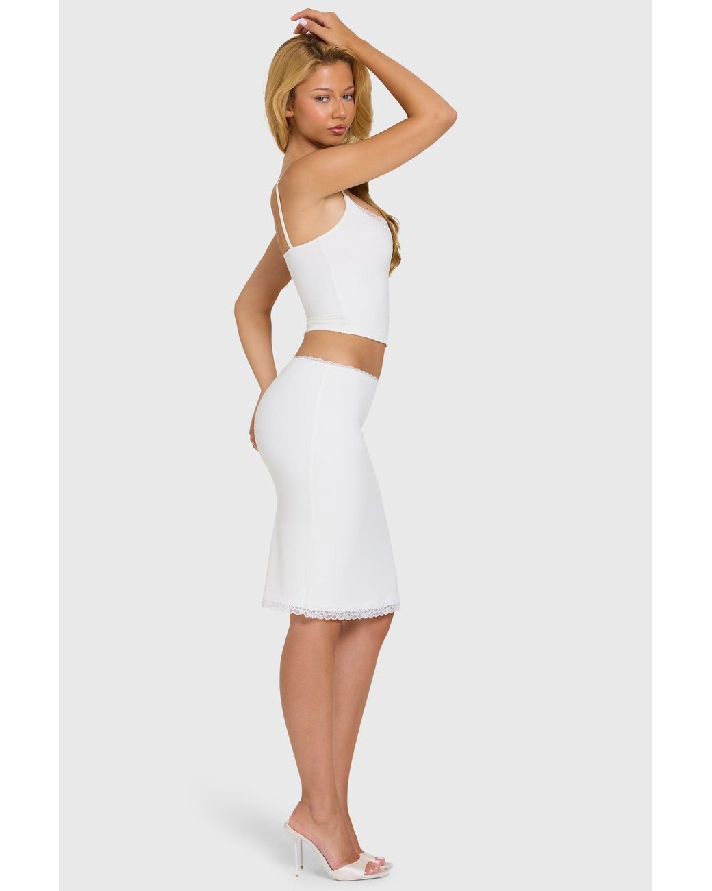 Oh Polly White Modal Lace-Trim Midi Skirt