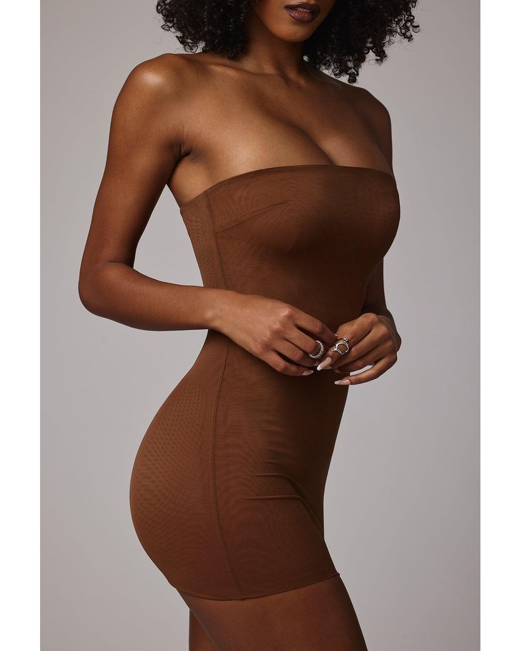 Oh Polly Brown Soft Sheer-Mesh Bandeau Mini Slip Dress