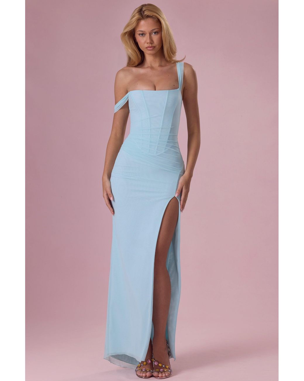 Oh Polly Blue Mesh Draped Corset Gown