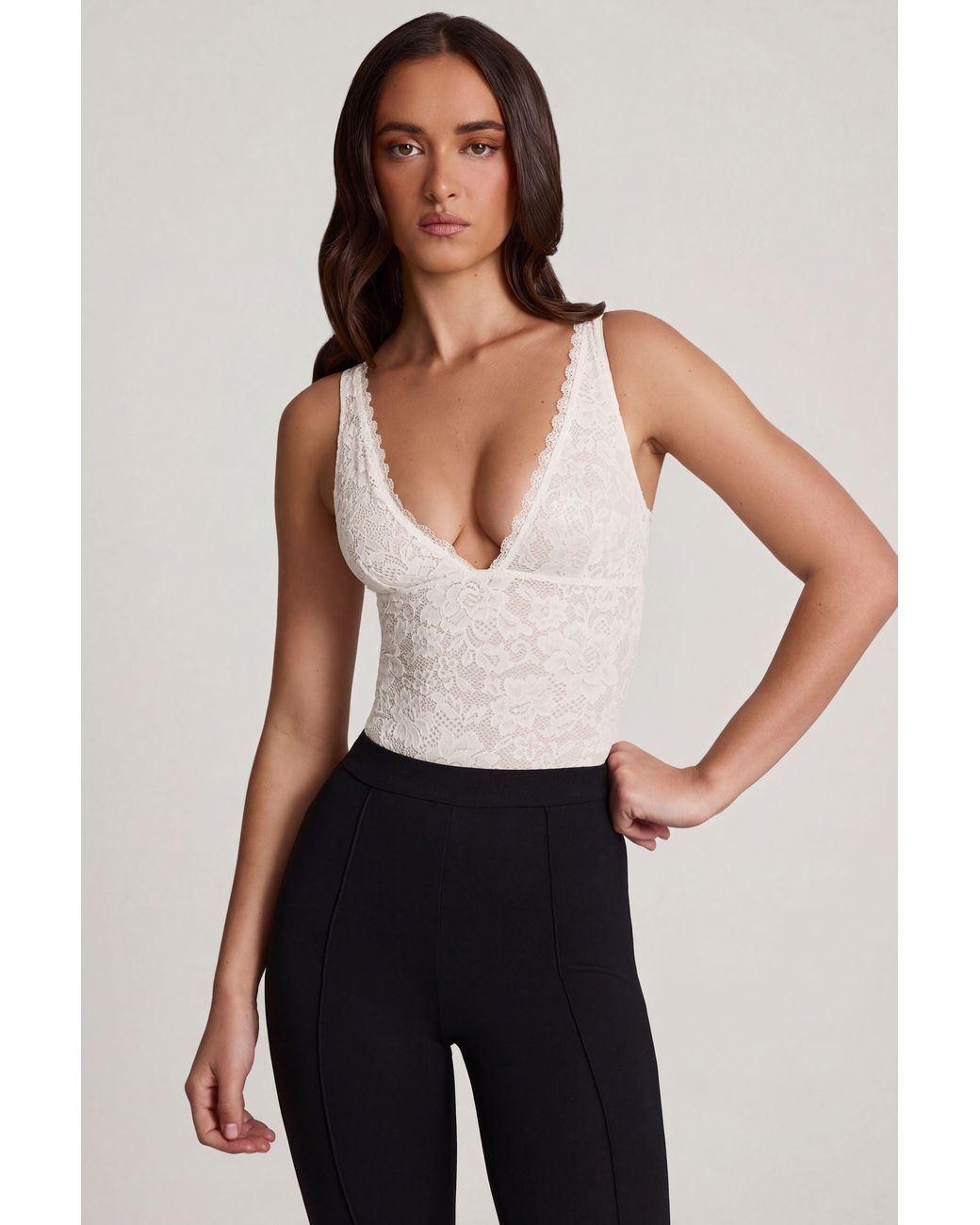 Oh Polly White Sheer Lace Scalloped Plunge-Neck Bodysuit