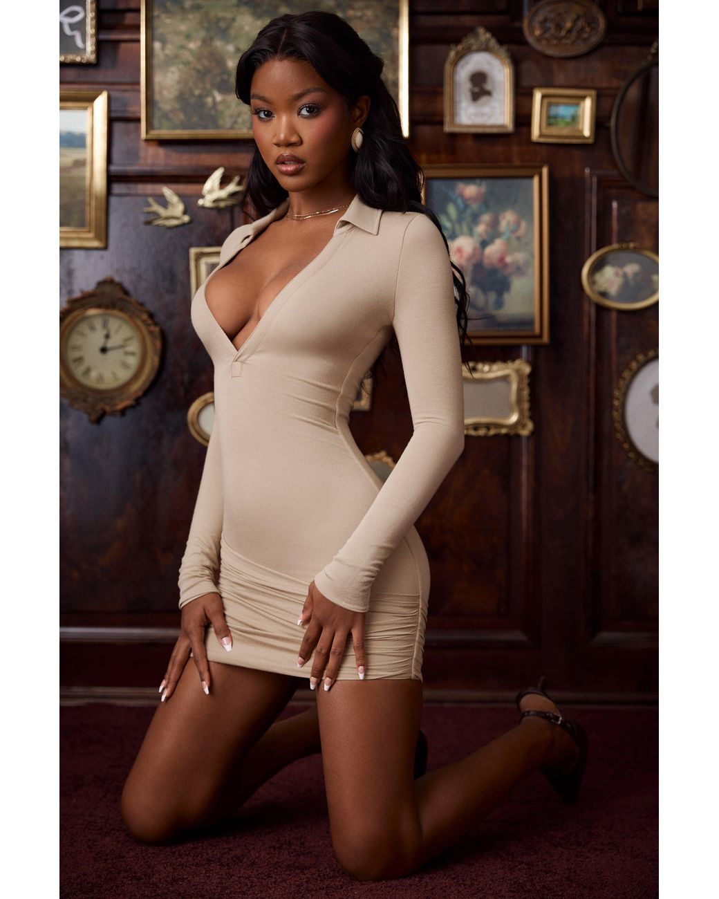 Oh Polly Natural Modal Plunge V-Neck Mini Dress