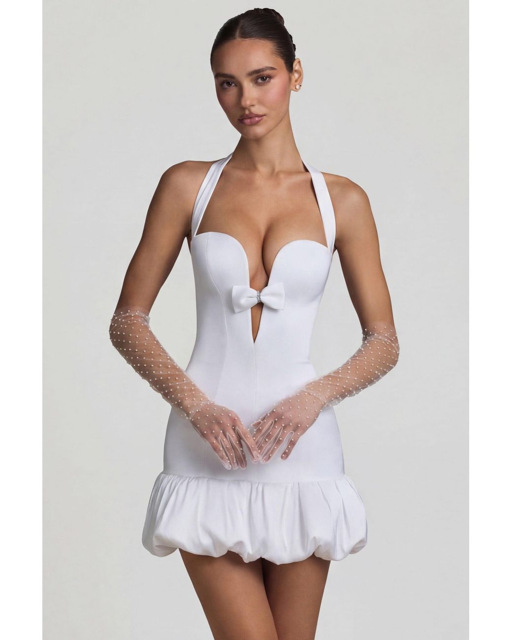Oh Polly White Bow-Detail Halterneck Bubble Hem Mini Dress