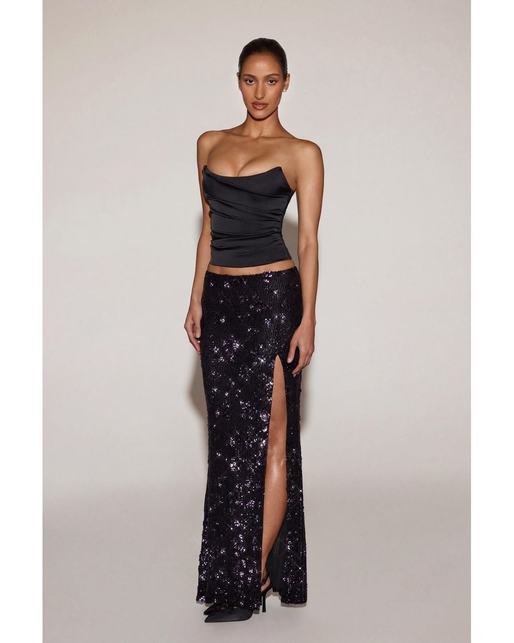 Oh Polly Black Embellished Mid-Rise Thigh-Split Maxi Skirt
