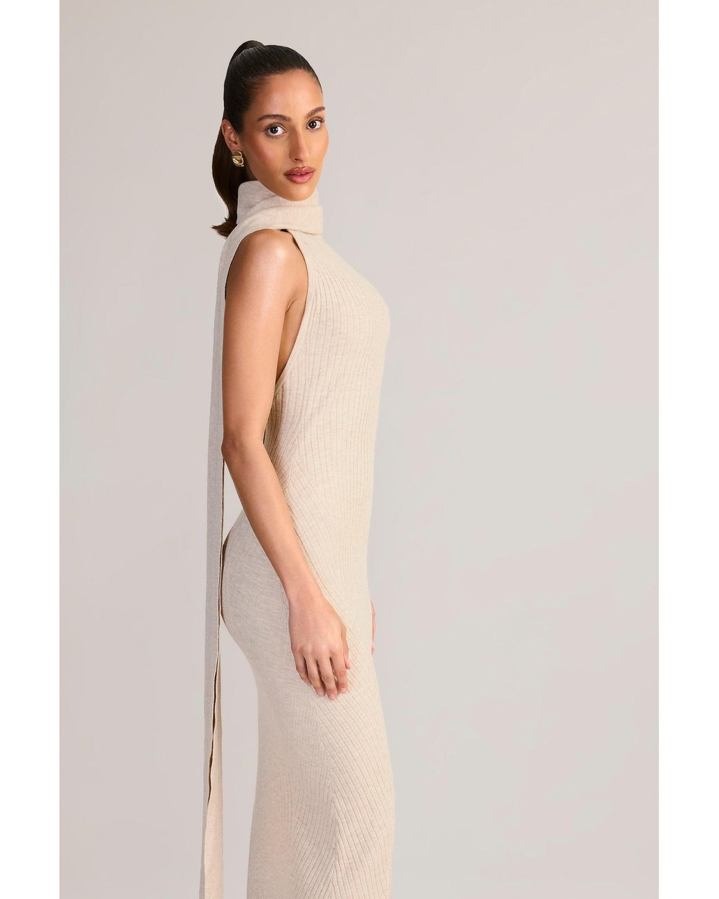 Oh Polly White Rib-Knit Scarf-Detail Halterneck Maxi Dress