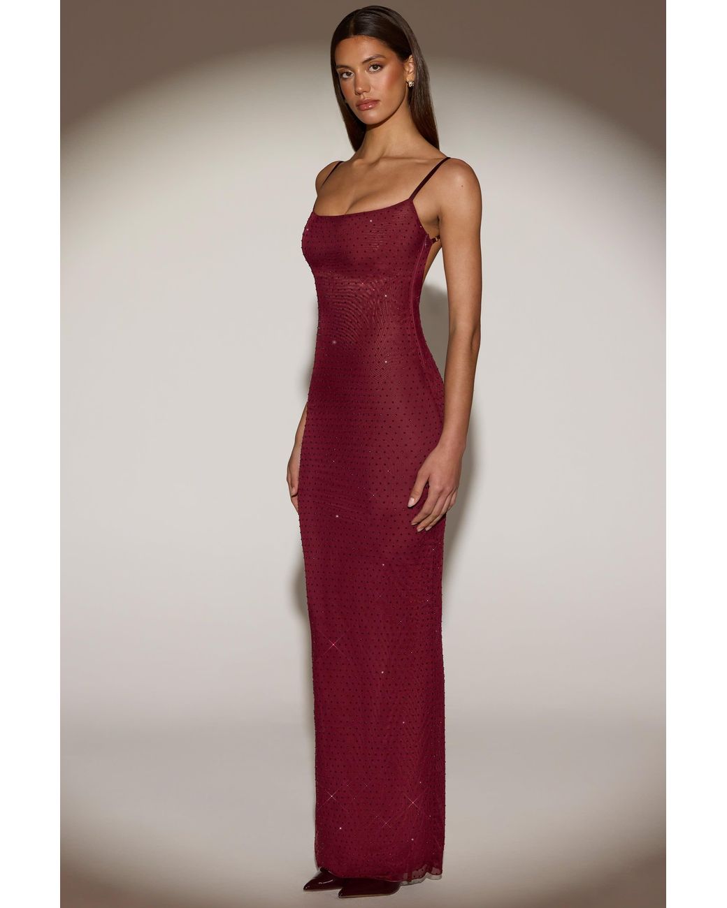 Oh Polly Red Sheer Embellished Backless Maxi Dress