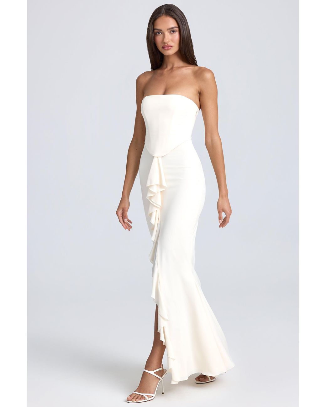 Oh Polly White Bandeau Ruffle-Trim Corset Gown