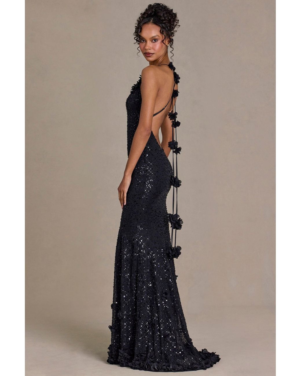 Oh Polly Black Embellished Plunge Open-Back Gown