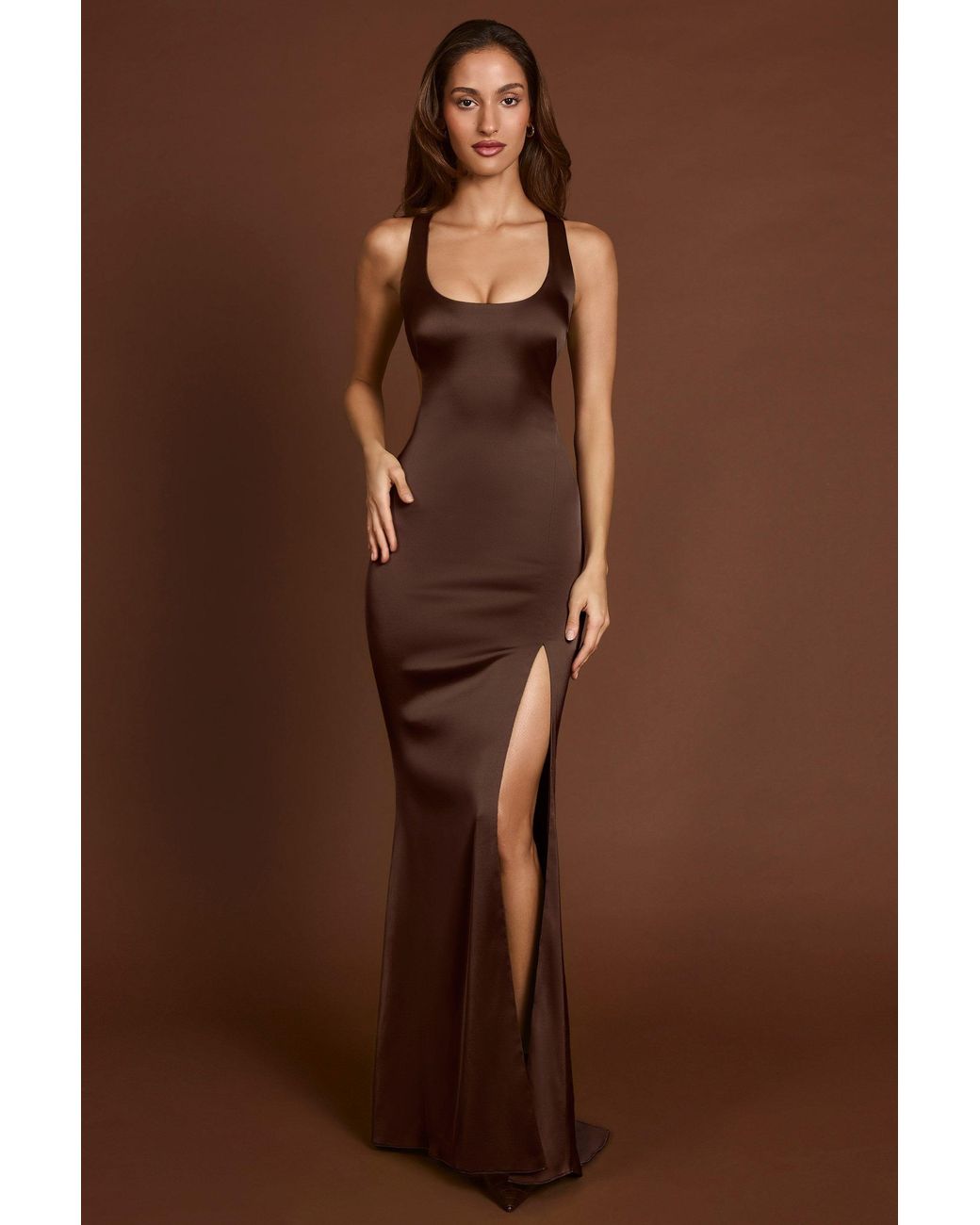 Oh Polly Brown Scoop-Neck Lace-Up Back Maxi Dress