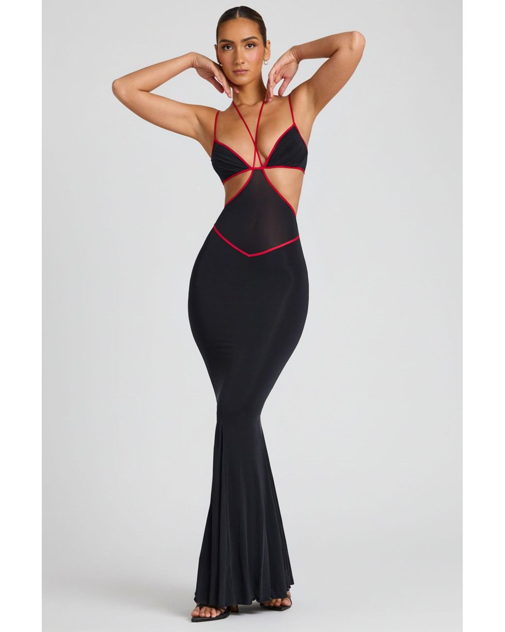 Oh Polly Black Contrast Binding Cut Out Evening Gown