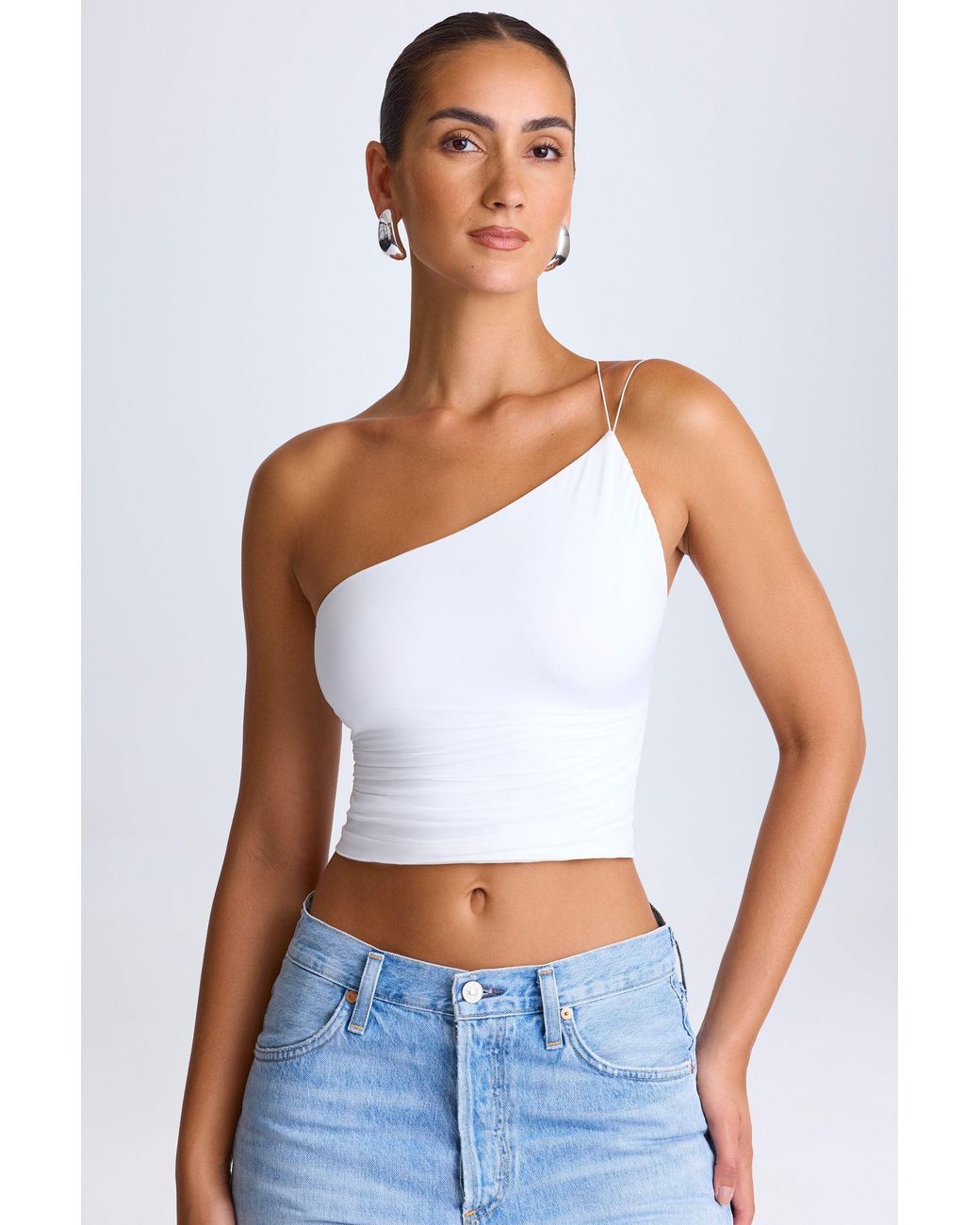 Oh Polly White One-Shoulder Lace-Up Top