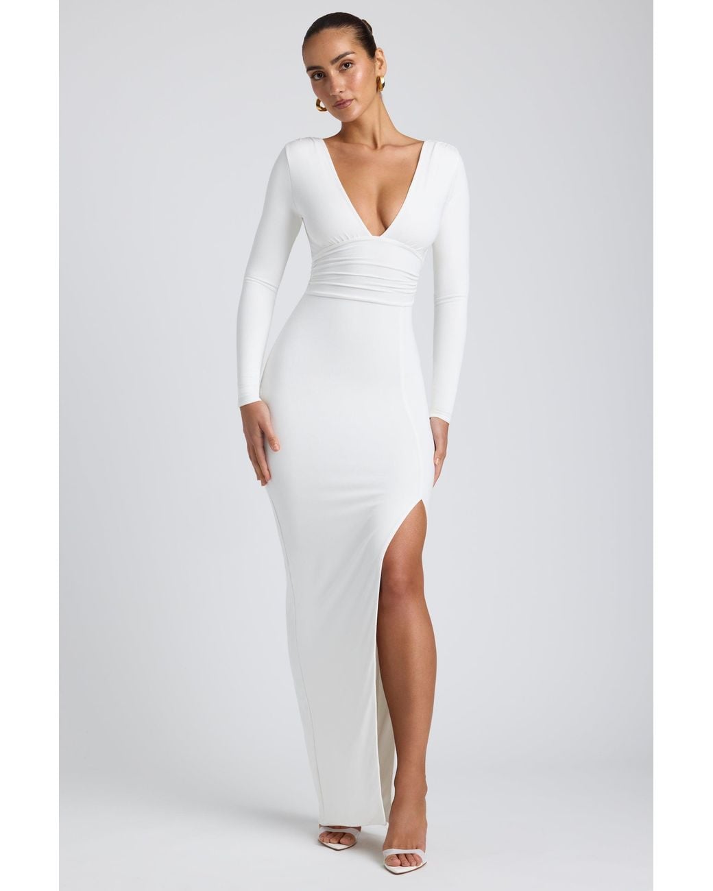 Oh Polly White Modal Plunge Neck Long Sleeve Maxi Dress
