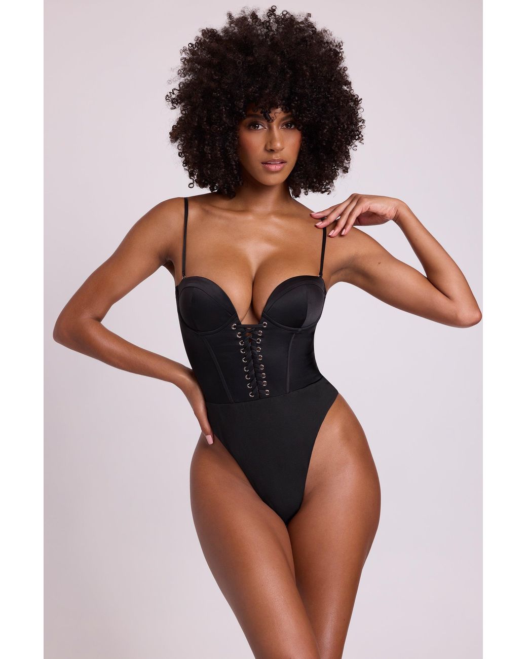 Oh Polly Black Satin Plunge Neck Lace Up Corset Bodysuit