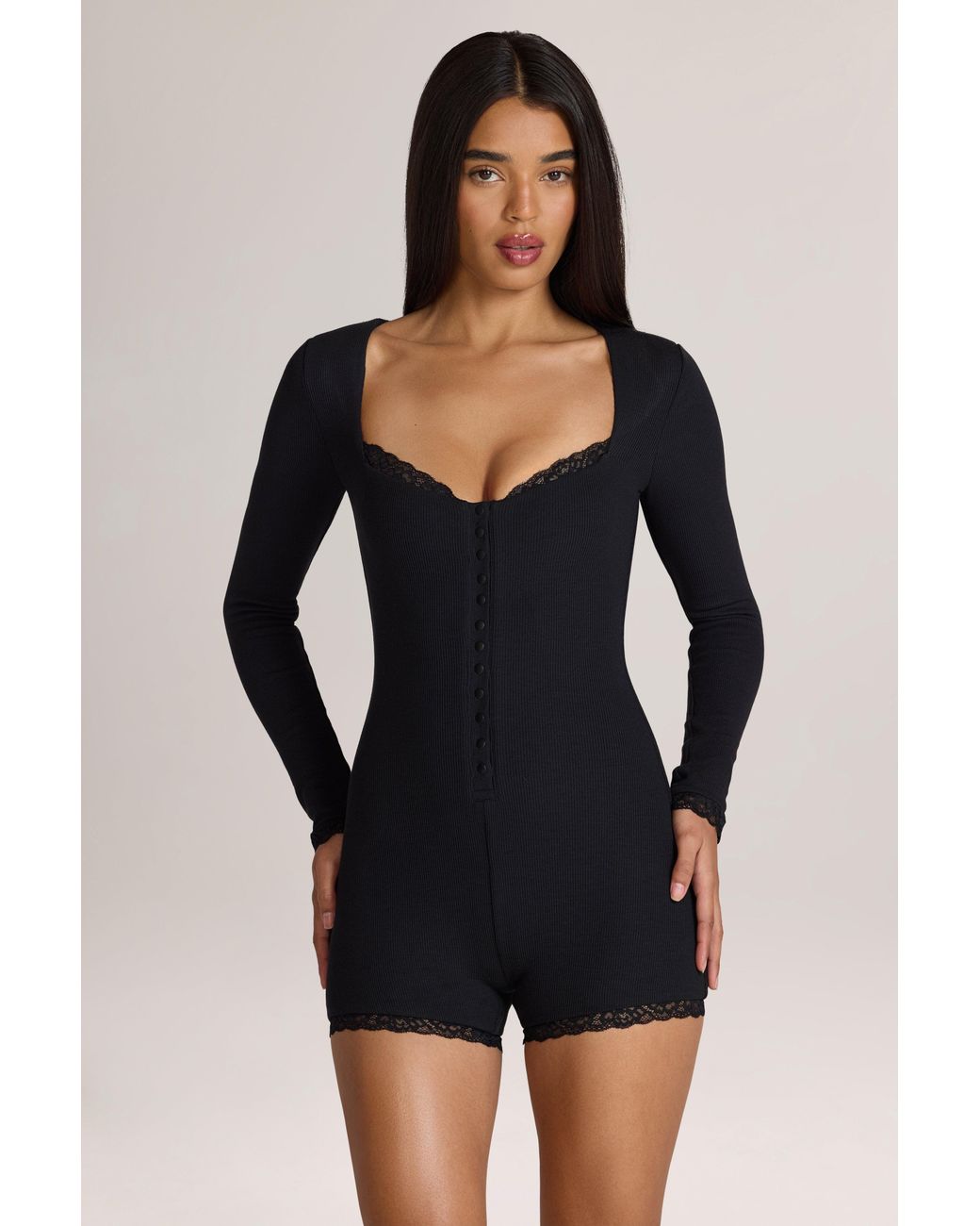 Oh Polly Black Ribbed Modal Lace-Trim Romper