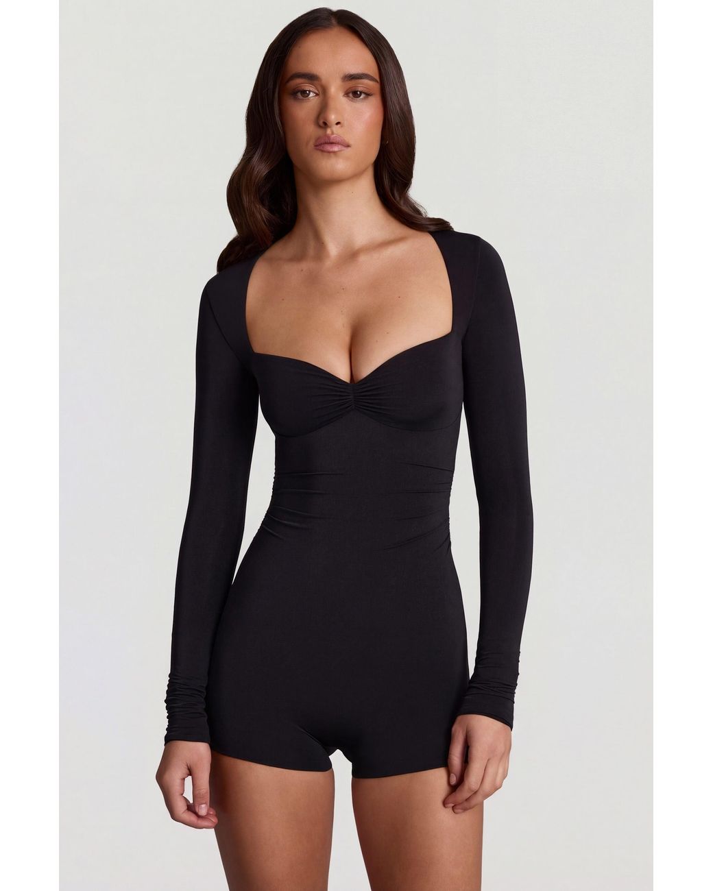Oh Polly Black Soft Jersey Sweetheart Long-Sleeve Mini Playsuit