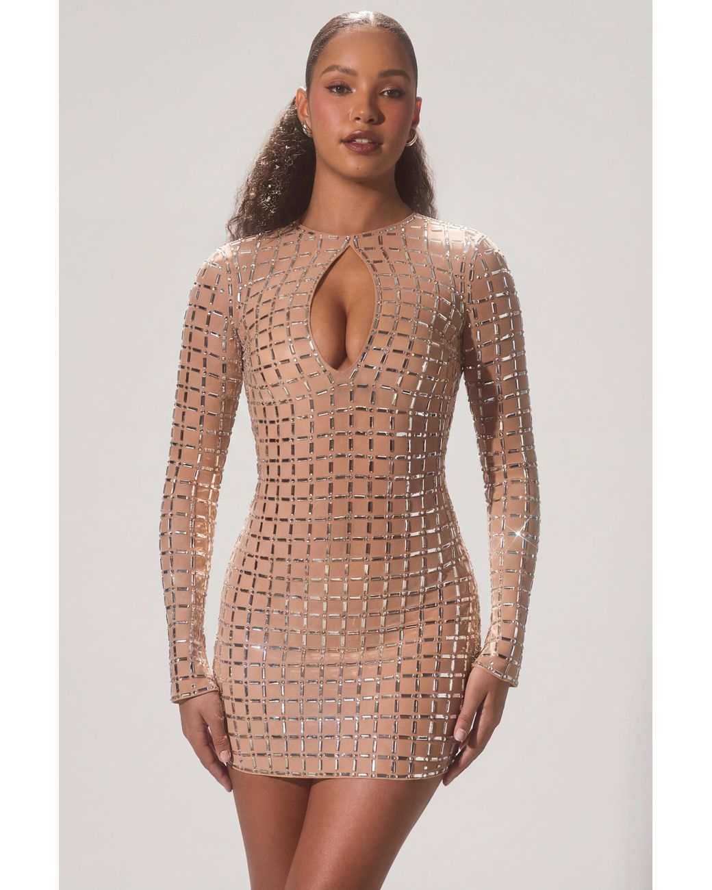 Oh Polly Natural Embellished Semi-Sheer Cut-Out Mini Dress