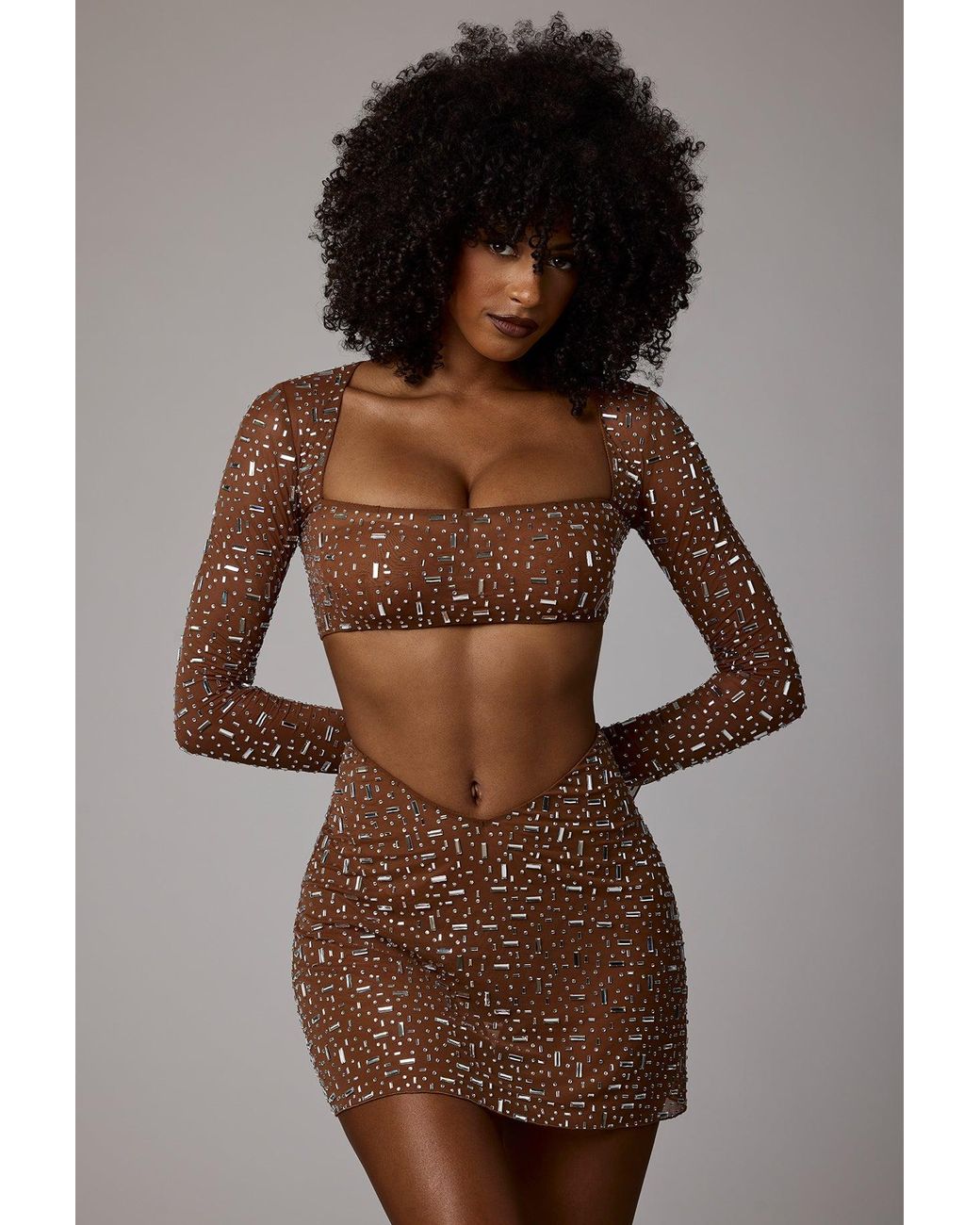 Oh Polly Brown Sheer Embellished V Waist Mini Skirt