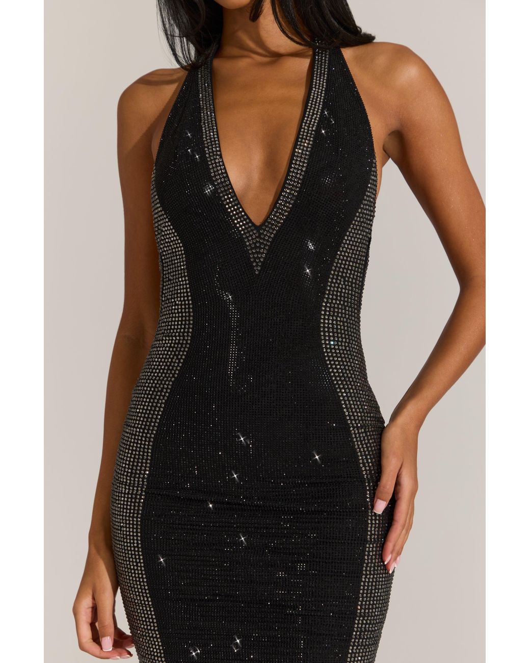 Oh Polly Black Embellished Plunge Halterneck Midi Dress