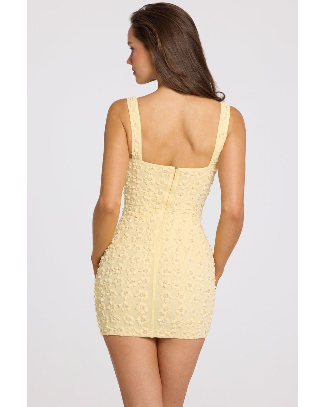 Oh Polly Yellow Embellished Square-Neck Mini Dress