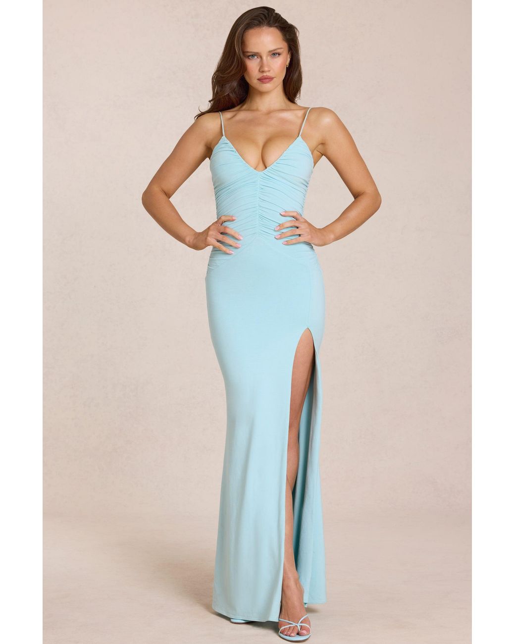 Oh Polly Blue Deep V-Neck Maxi Dress