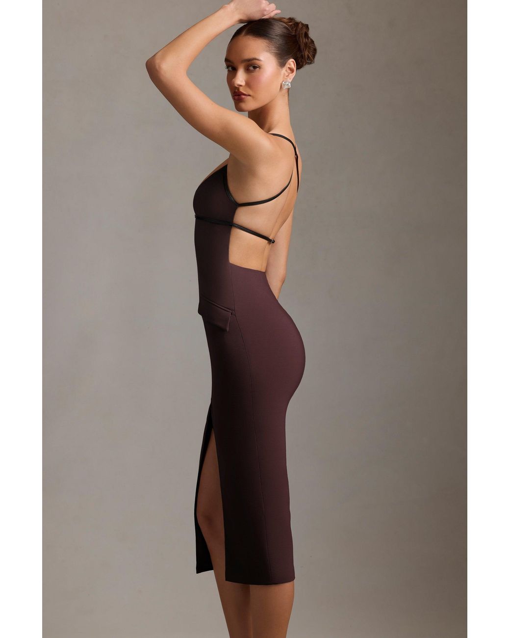 Oh Polly Brown Plunge-Neck Backless Midaxi Dress