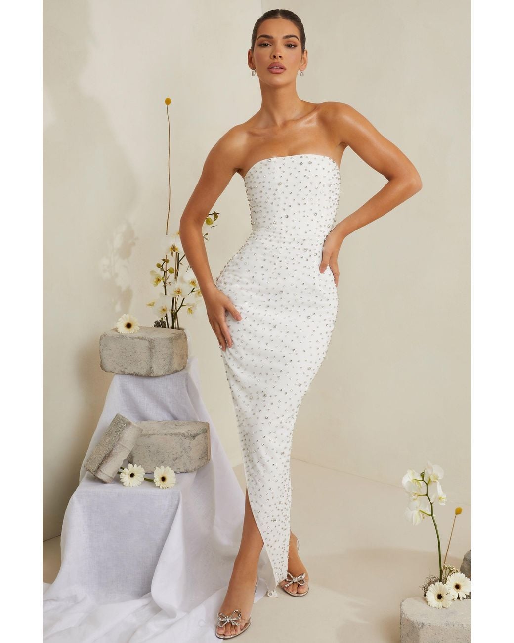 Oh Polly White Hand Embellished Asymmetric Midi Dress