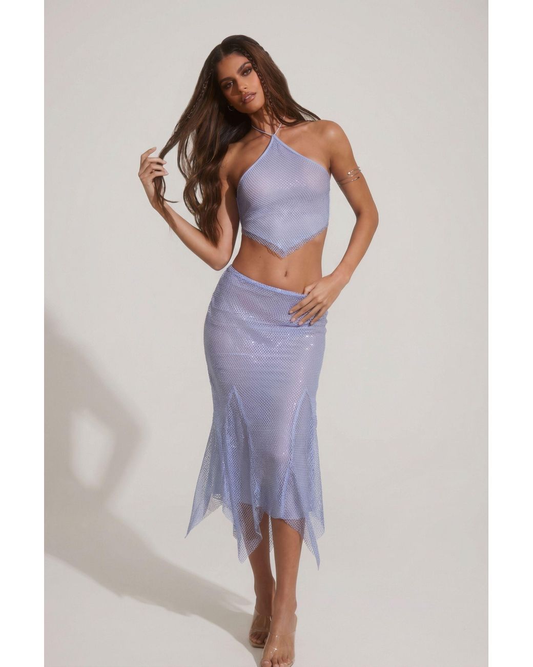 Oh Polly Blue Embellished Handkerchief Hem Midaxi Skirt