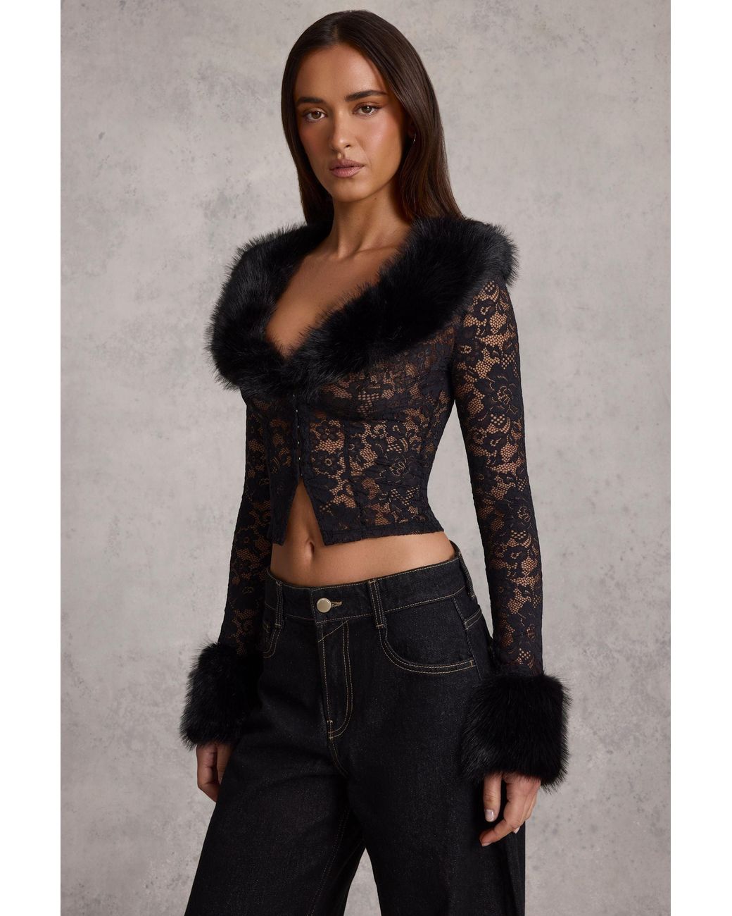 Oh Polly Black Sheer Lace Faux-Fur-Trim Cardigan
