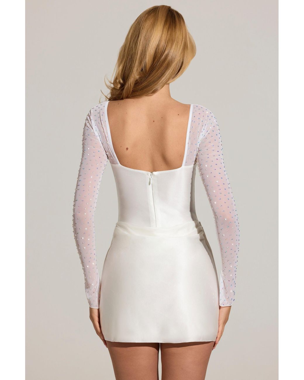 Oh Polly White Embellished Long-Sleeve Draped Mini Dress