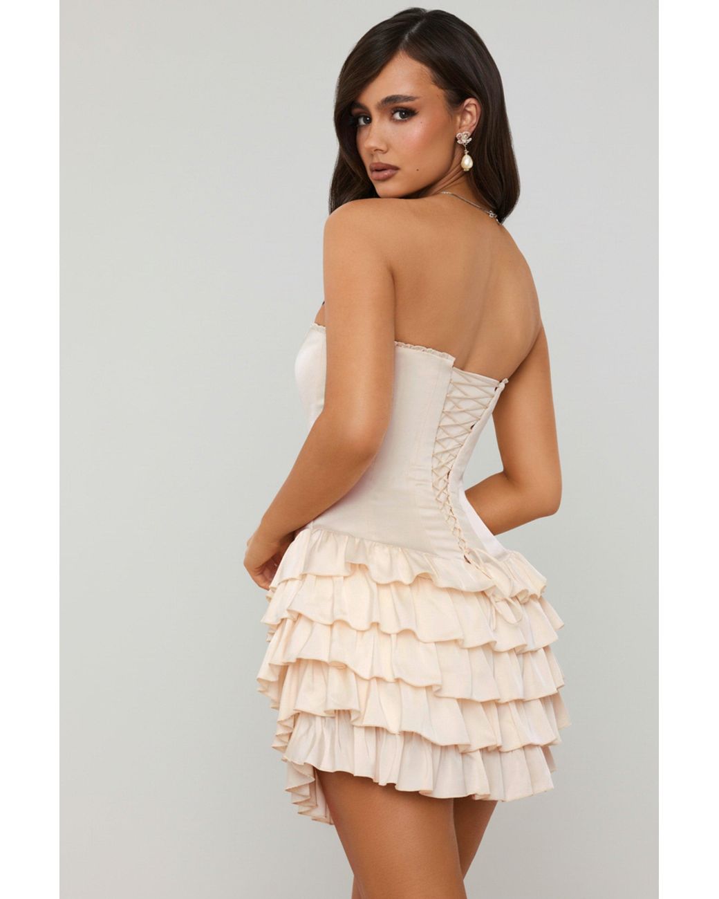 Oh Polly White Bandeau Ruffled Tiered Corset Mini Dress
