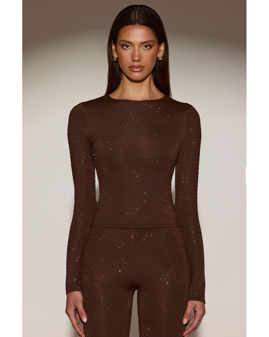 Oh Polly Brown Embellished Crew-Neck Long-Sleeve Top