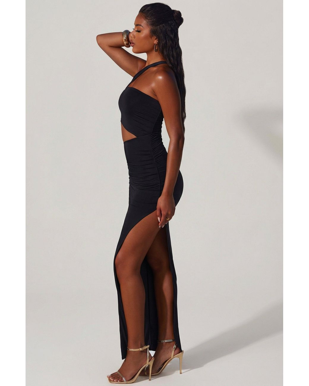 Oh Polly Black Asymmetric Neckline Ruched Cut Out Maxi Dress