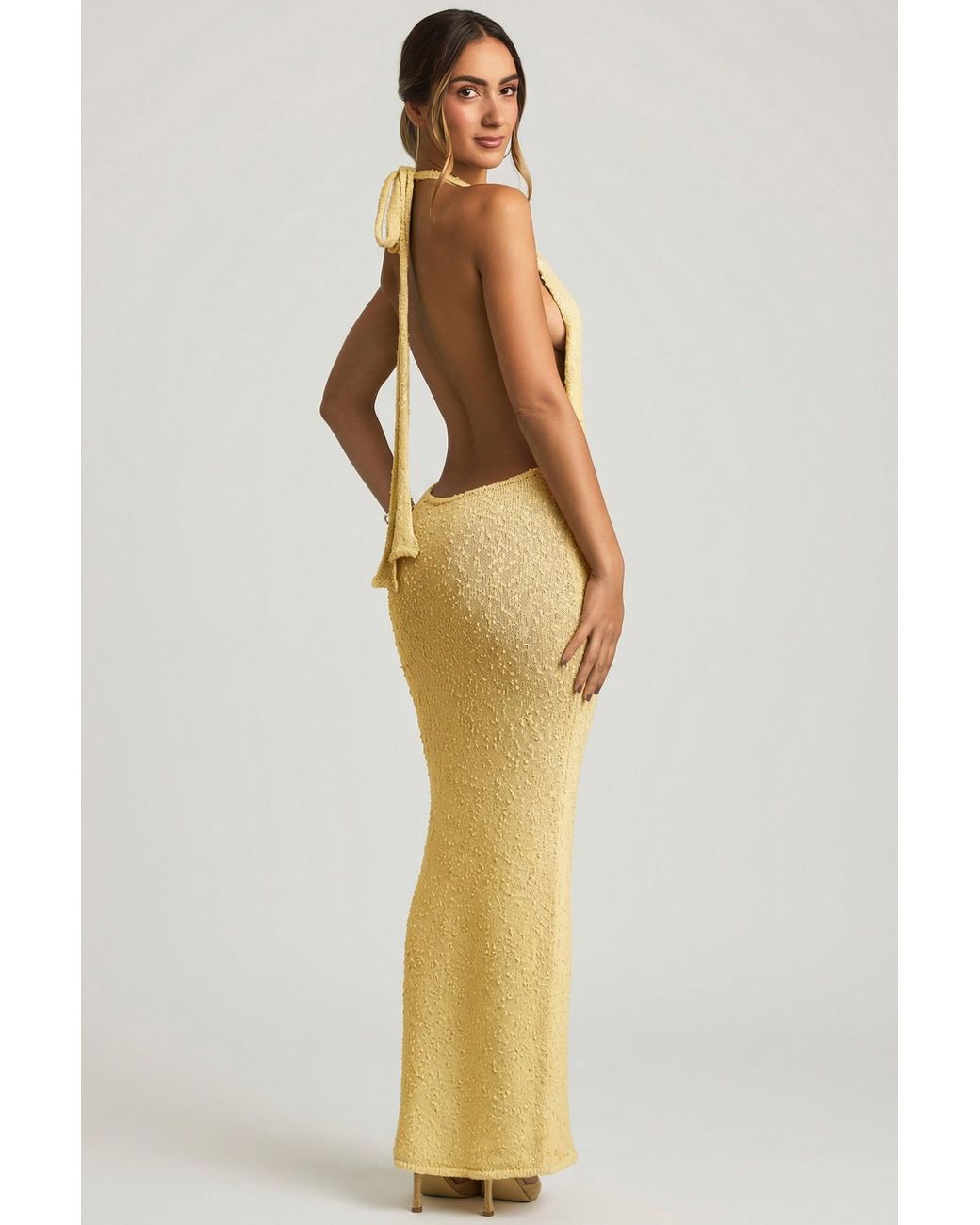Oh Polly Yellow Bouclé Halterneck Maxi Dress