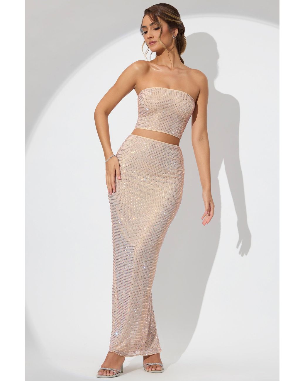 Oh Polly Natural Embellished Mid Rise Maxi Skirt