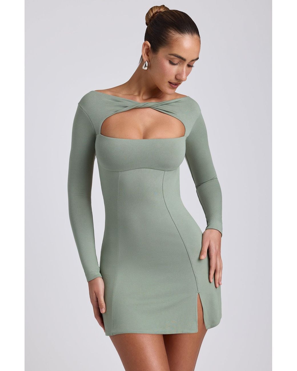 Oh Polly Green Modal Twist-Front Long-Sleeve Mini Dress