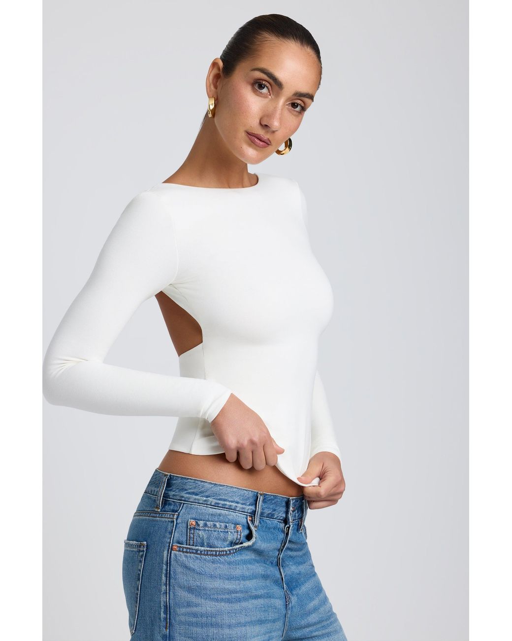 Oh Polly White Modal High Neck Long Sleeve Open Back Top