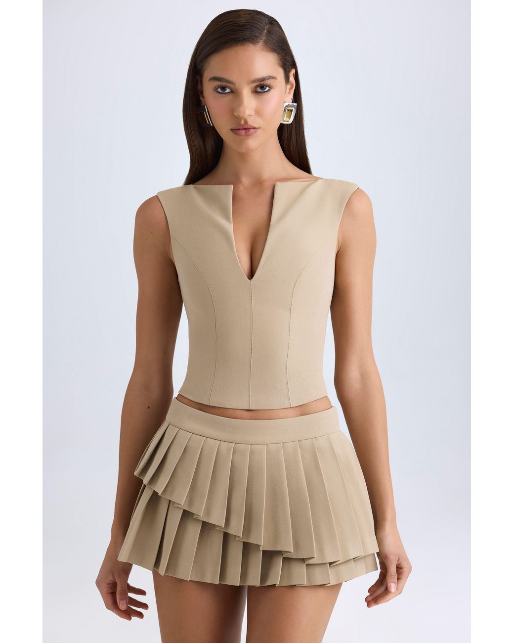 Oh Polly Natural Layered Pleated Low-Rise Mini Skirt