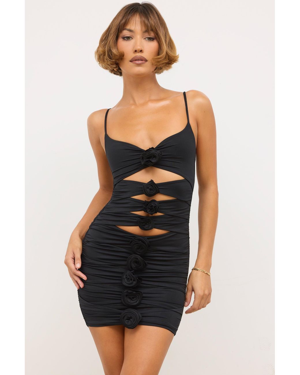 Oh Polly Black Slinky Jersey Rose Detail Cut Out Mini Dress