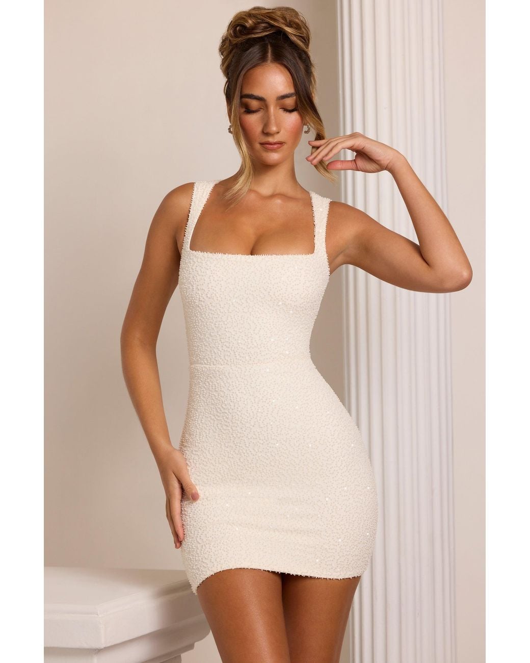 Oh Polly White Embellished Square Neck Mini Dress