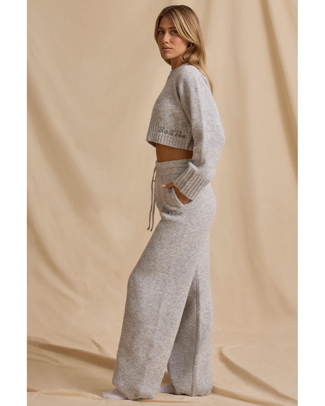 BO+TEE Gray Ribbed Knit Mid-Rise Wide-Leg Joggers