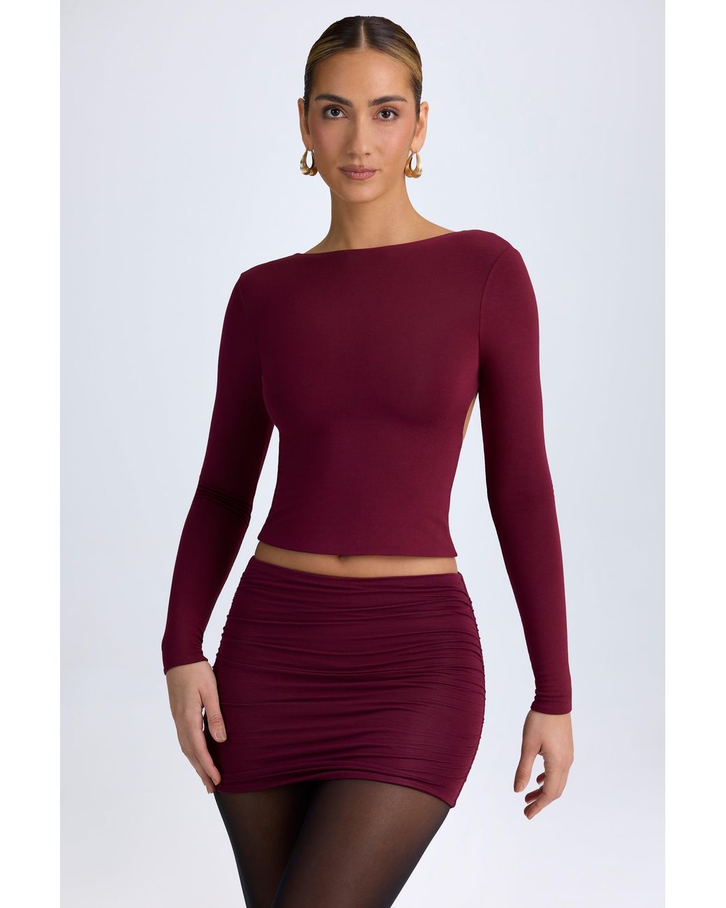 Oh Polly Red Modal High Neck Long Sleeve Open Back Top