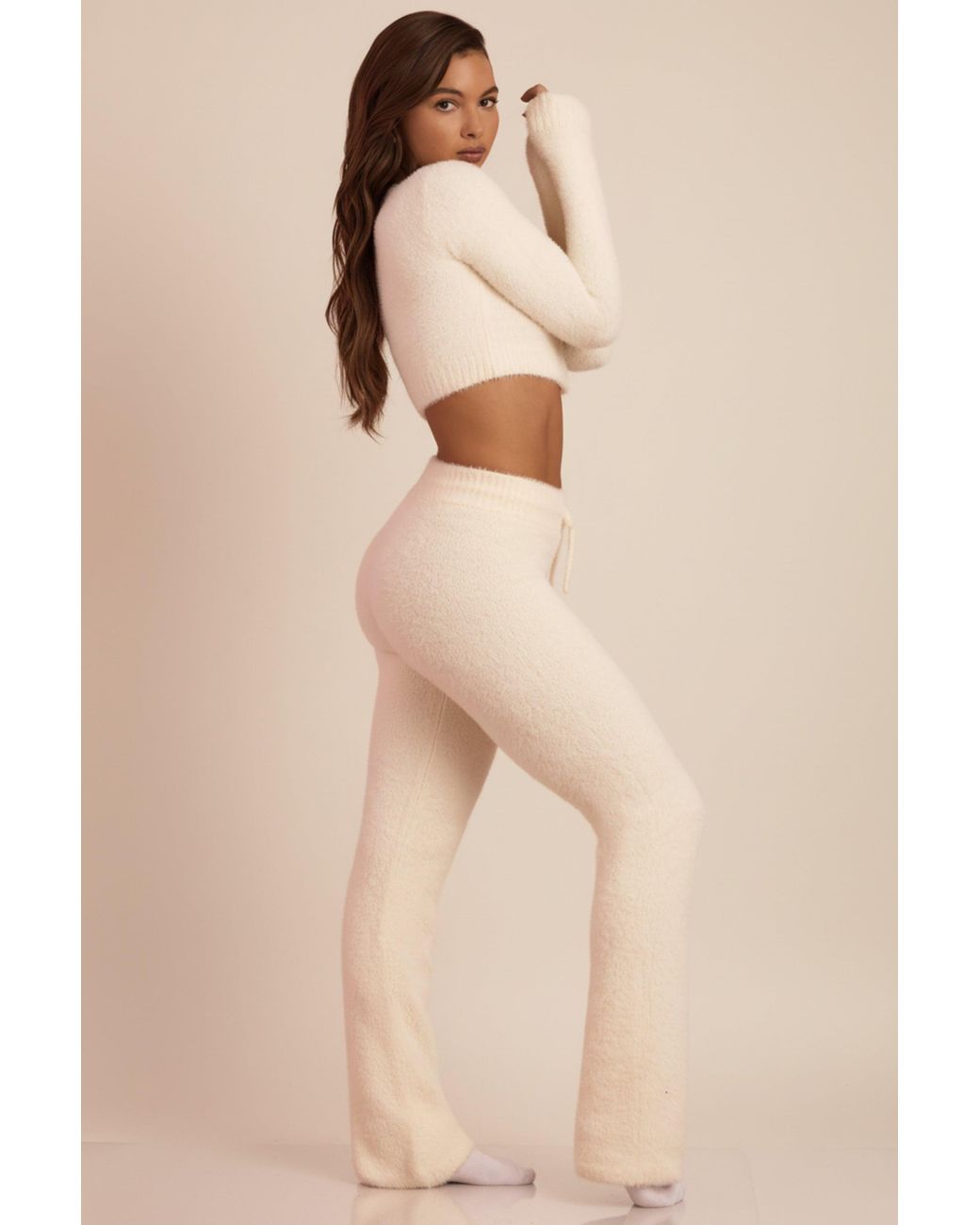Oh Polly White Fluffy Knit Wide-Leg Trousers