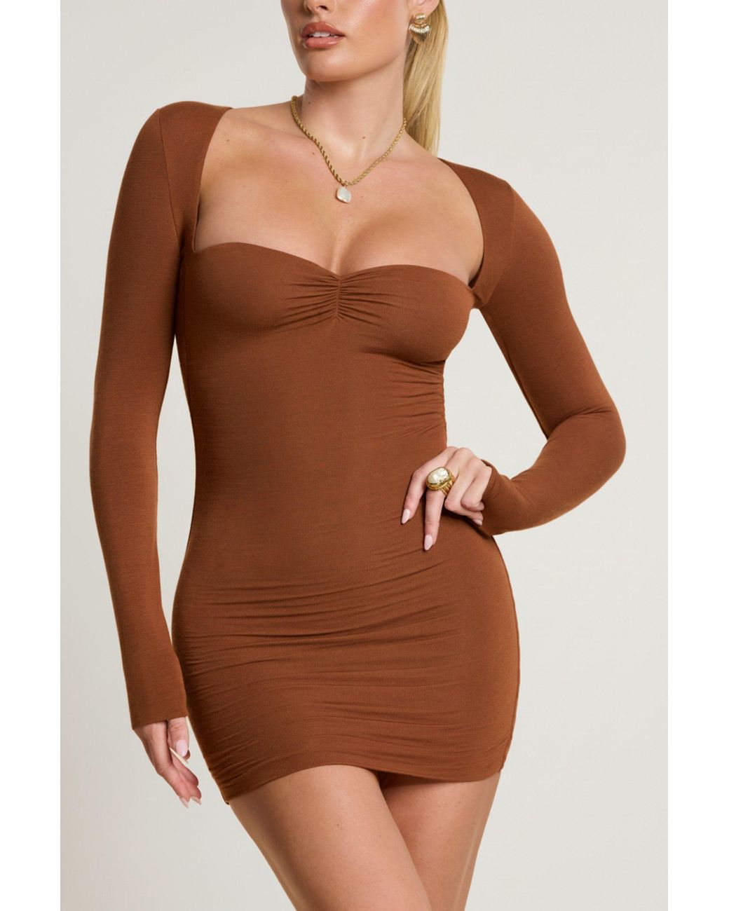 Oh Polly Brown Long Sleeve Ruched Modal Cashmere Blend Mini Dress