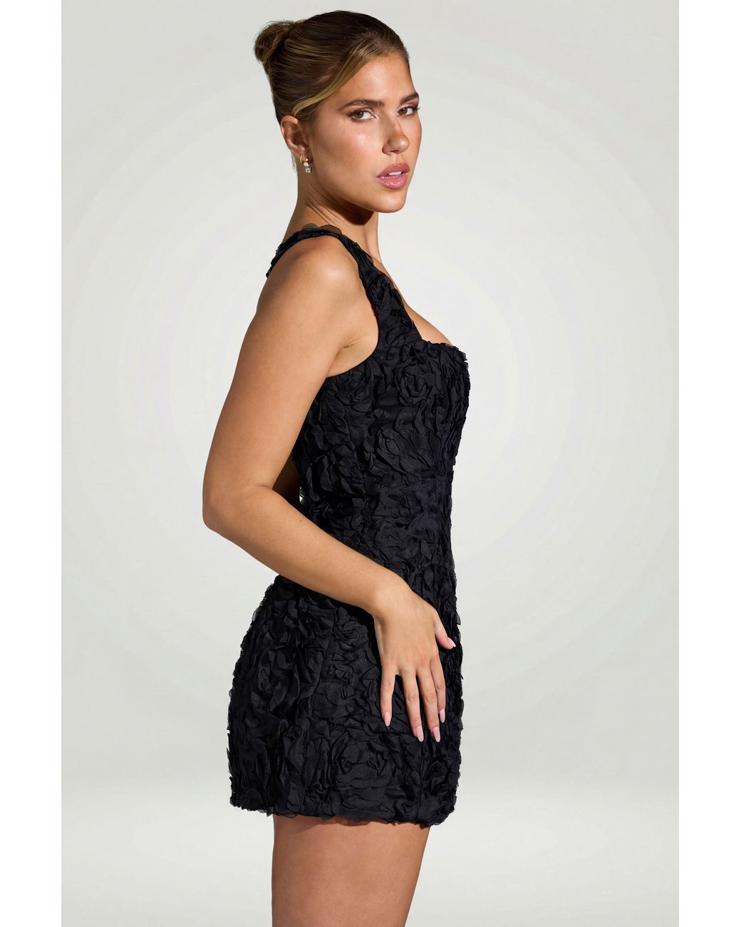 Oh Polly Black Floral-Appliqué Square-Neck Corset Mini Dress