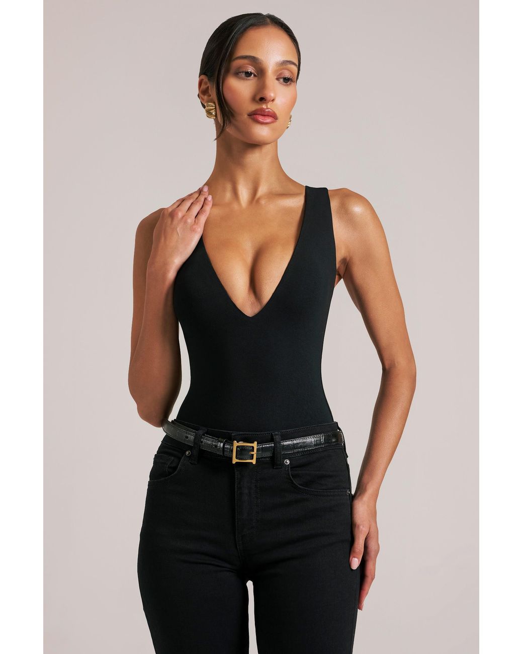 Oh Polly Black Deep Plunge Halterneck Bodysuit