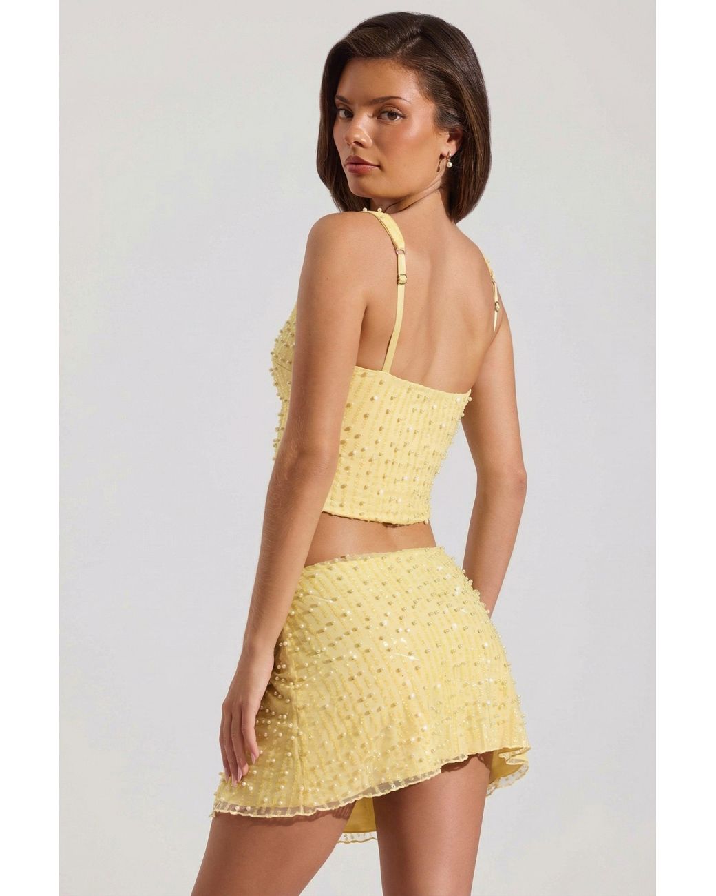Oh Polly Yellow Embellished Square-Neck Crop Top