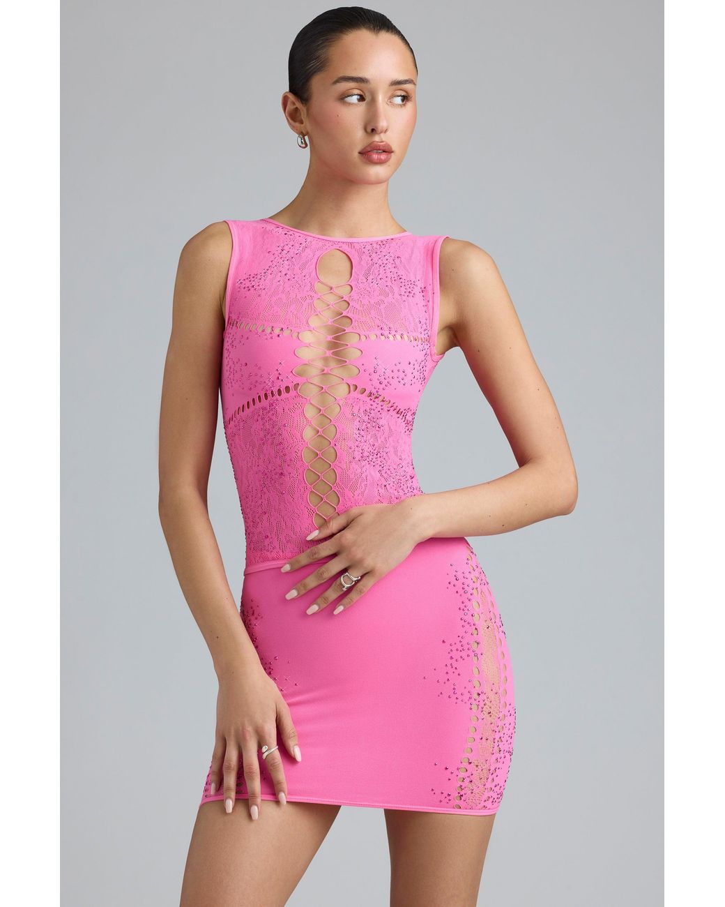 Oh Polly Pink Embellished Lace-Up High-Neck Top