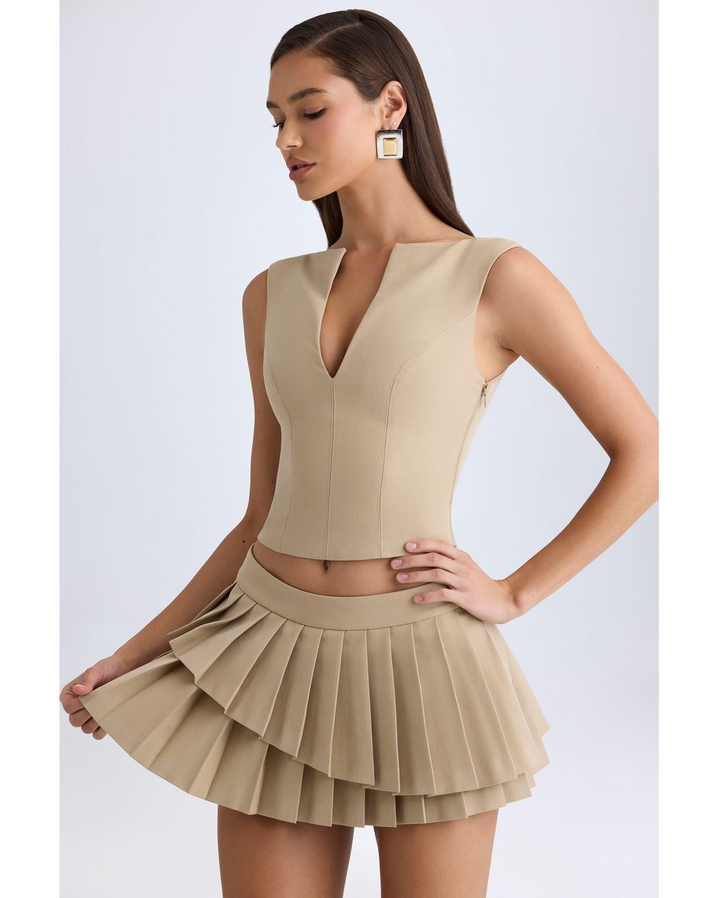 Oh Polly Natural Layered Pleated Low-Rise Mini Skirt