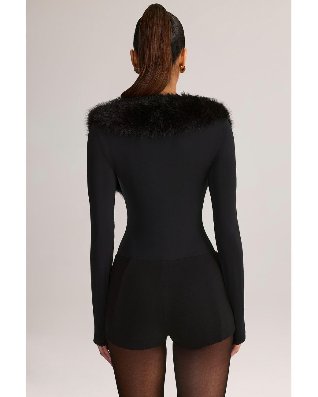 Oh Polly Black Faux Fur-Trim Corset Playsuit